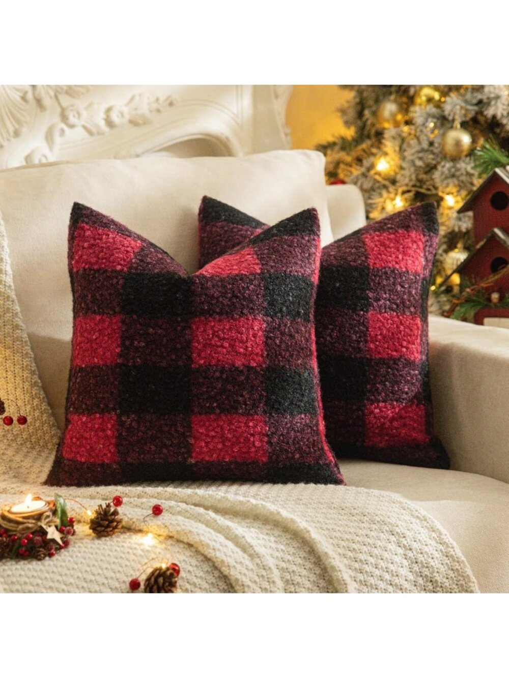 Cozy Red & Black Plaid Christmas Throw Pillow Covers, 18x18 Inch, Set of 2